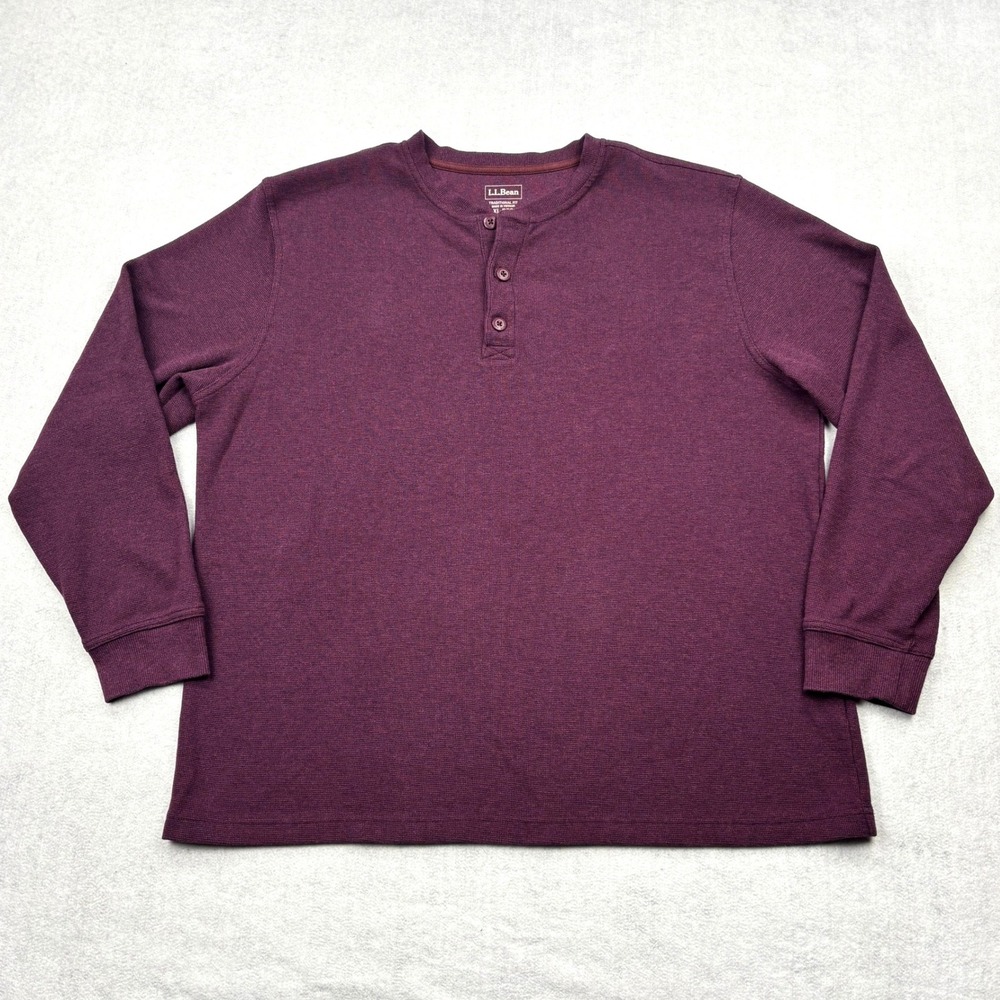 LL Bean Waffle Henley Shirt Mens XL Regular Burgundy Purple Thermal Traditional
